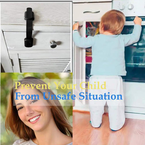 8 Pack Adjustable Strap Child Safety Cabinet Locks For Cupboards Drawers Closets Toilets Ovens And Fridges No Trapped Fingers Easy Install Kid Safe With Free 9 Extra Adhesive Pads, toddler reaching oven door, smiling woman, black lock on cabinet, safety message