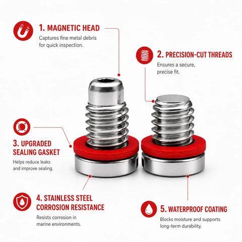 Beefy Stainless Steel Lower Unit Magnetic Drain And Vent Plug Kit With Red Gaskets For Outboard Gearcase Oil Drain And Vent Screw
