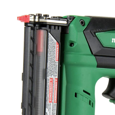 Close-up of 18V Cordless Pin Nailer Tool Only No Battery 23 Gauge Drives 5/8 Inch To 1 3/8 Inch Pins with green handle.