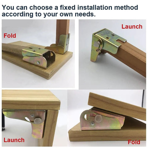 Heavy Duty 90 Degree Folding Table Leg Bracket With Self Locking Hinge Designed For Drop Leaf Tables And Camp Sofas Featuring Durable Galvanized Carbon Steel No Sweat Assembly Quick Install 4 Pack installed on wooden surface showing fold and launch positions.