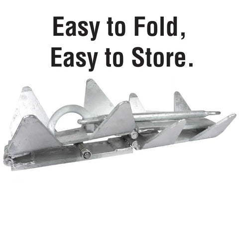 Hot-Dipped Galvanized Fold-and-Hold Boat Anchor, 25 Lb, Quick-Set and Lock in Any Bottom, folded for storage, text in background