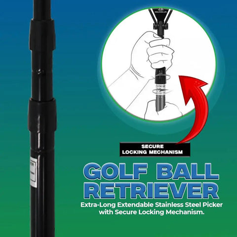 Telescoping Golf Ball Retriever With Fifteen Foot Reach Lightweight Aluminum Shaft illustration with locking feature