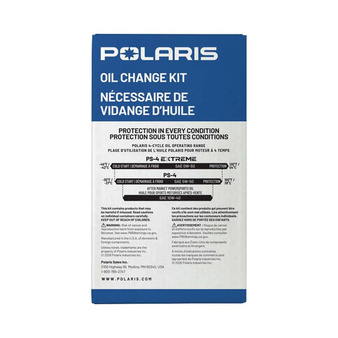 Full Synthetic 5W50 Powersports Oil Change Kit box with detailed product information and specifications for 4-cycle engines