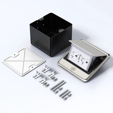 Pop Up Floor Electrical Outlet With 20 Amp GFCI, Stainless Steel Hidden Countertop Box, open with accessories displayed