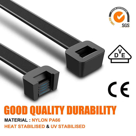Close-up of black self-locking nylon cable ties, highlighting material specifications and durability certifications.