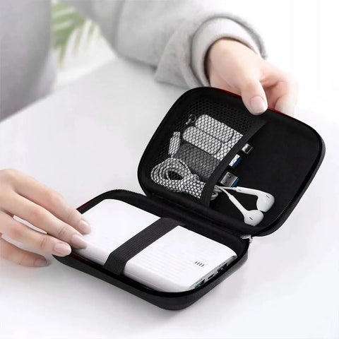 Person opening Rugged EVA External Hard Drive Case Pouch For SSDs And HDDs, showing compartments with accessories, 11.5 x 7.5 x 3.5 cm.