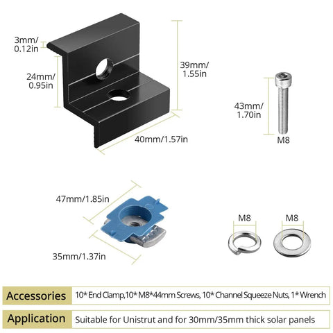 10 Pack Solar Panel End Clamps For Standard Unistrut Aluminum 30mm And 35mm Mounting Brackets With Nuts Bolts Solar Panel Mounting Kit Must Have For Metal Roof Tin Roof Flat Roof Sheet Roof Black showing dimensions and accessories, including screws and squeeze nuts.