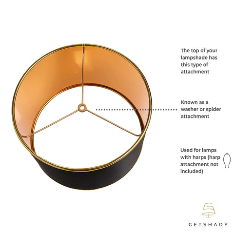 Interior view of Dope Black Drum Lampshade With Spider Fitter And Harp Compatibility, showing spider fitter mechanism, 13 inch diameter.