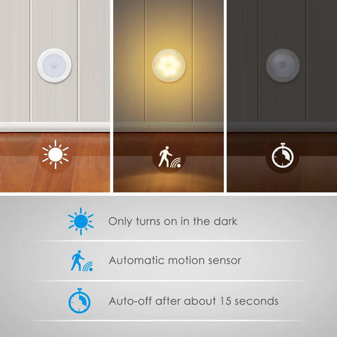 Upgraded 3.15 Inch Wireless Motion Sensor Light features auto-on and auto-off functions, shown in use with illustrations and text.