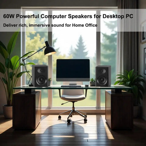 Modern office setup with 80W Peak Bluetooth 5.3 Bookshelf Speakers With 4 Inch Woofer and 1 Inch Silk Dome Tweeter on desk