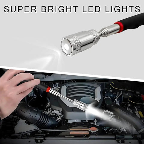 Two Pack Telescoping Magnetic Pickup Tools With Bright LED Light illuminating engine, showcasing stainless steel build.