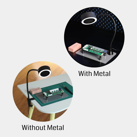 Two setups of a Portable Soldering Fume Extractor With LED Lights 400mm Memory Stainless Steel Gooseneck Magnetic Cone Base. With and without metal.