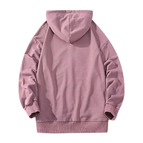 Back view of a light pink hooded sweatshirt made from soft fabric, perfect for casual wear.