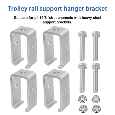 Heavy Duty Strut Channel Hanger Bracket Kit Rated To 1200 Pounds Fits Standard Steel Tracks Built Tough For Intermediate Support And Hoist Rigging Plug And Go Setup No Sweat Install Four Pack Bundle includes four galvanized steel brackets with hardware.