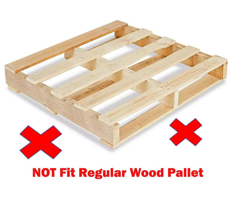Self Loading Electric Pallet Stacker With 2116 Lbs Capacity And 51 Inch Lift Height Perfect For One Guy To Move Stuff In Pickup Trucks And Commercial Vans Without Breaking A Sweat. Image showing a wooden pallet with 'NOT Fit Regular Wood Pallet' warning.