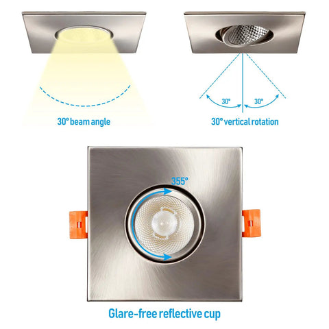 3 Inch Gimbal LED Recessed Light Kit, Dimmable Ten Percent To One Hundred Percent, 7W Equal To 50W Recessed Downlight, square trim