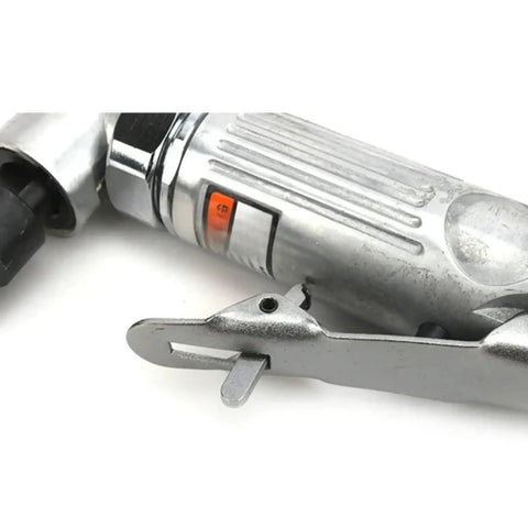 Close-up of Badass Heavy Duty Pneumatic Angle Die Grinder Kicking Out 25000 Rpm showing 90 degree angled head and control lever.