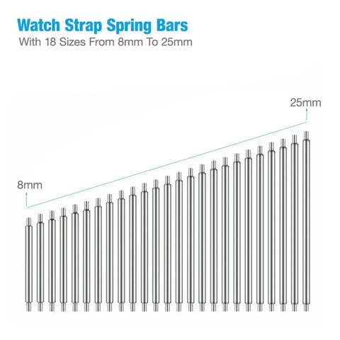 Watch Band Spring Bars Repair Kit 1440 Pcs with 18 sizes from 8mm to 25mm, shown in ascending order, dual end snap design