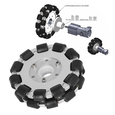 Built Tough Double Aluminum Omnidirectional Wheel With Twenty Two Rubber Rollers 127mm Diameter And Forty Six Pound Load Rating for robotics.