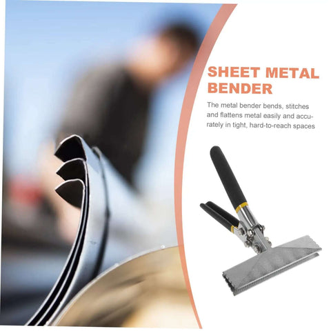 Go To Workhorse Hand Seamer Tool And Metal Bender for sheet metal with non-slip handles and precision jaws displayed beside metal sheet.