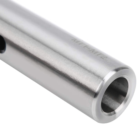 Close-up of Shop Ready Extra Long MT1 To MT2 Morse Taper Drill Sleeve Reducing Adapter, high speed steel, precise alignment.
