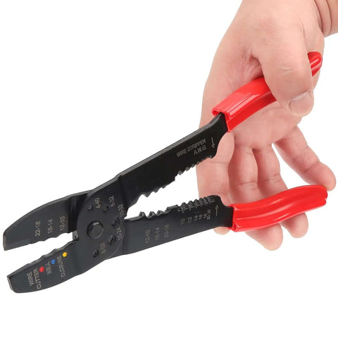 Pro Grade Multi Function Wire Terminal Crimping Pliers with Carbon Steel Blade and Ergonomic Handle shown in hand