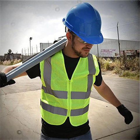 High Viz ANSI Class 2 Safety Vest No Pocket Neon Yellow Large For Men And Women Reflective Polyester Vest For Roadside Work Surveyors Cyclists Crossing Guards worn by worker with a helmet