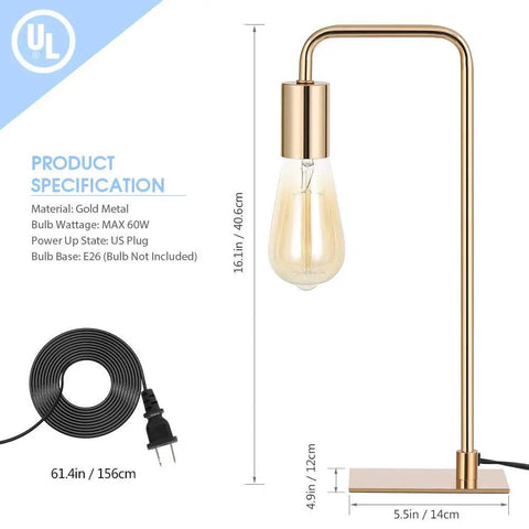 Gold Industrial Desk Lamp With E26 Base For Nightstand And Dorm Rooms, Small Metal Table Light With No Shade, Curved Tube Design