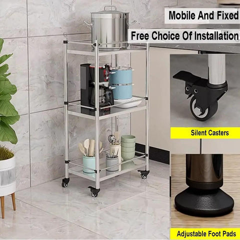 Hella Sturdy 5 Tier Metal Storage Rack With Swivel Wheels For Kitchen Or Pantry Heavy Duty Adjustable Shelving Unit featuring pots and decor.