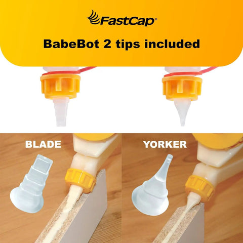 BabeBot 4-Ounce Wide Mouth Glue Bottle with replaceable Blade and Yorker tips, no drip design, used on wood surfaces, yellow and white.