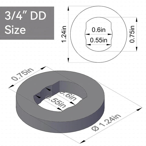 Diagram showing dimensions of 3/4 inch DD component with 1.24 inch diameter for Three Quarter Inch Double D U Joint For Steering Shaft