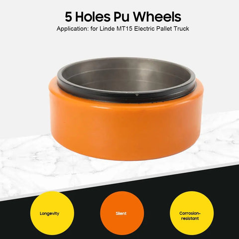 Get Your Electric Pallet Truck Rolling Smooth Again With This Heavy Duty 210X70mm PU Drive Wheel Featuring A Tough 6-Hole Mount For Maximum Traction And Durability On All Forklift Models. Orange PU wheel with 5 holes for Linde MT15 truck.