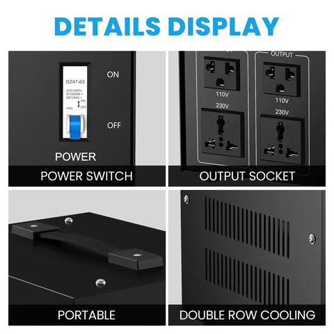 Details of Beast 5000 Watt Voltage Converter Transformer For Home And Travel, showcasing power switch and output socket.