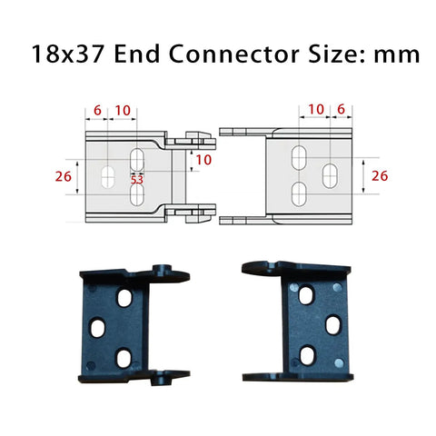 39.4 Inch Nylon PA66 Cable Drag Chain Carrier Pro Grade R28 18x37mm Inner, 23.7x47.7mm Outer Open Type For CNC Routers, Mills, And 3D Printers With Extra Ends, Screws, And Screwdriver end connector size diagram and black PA66 mounting bracket