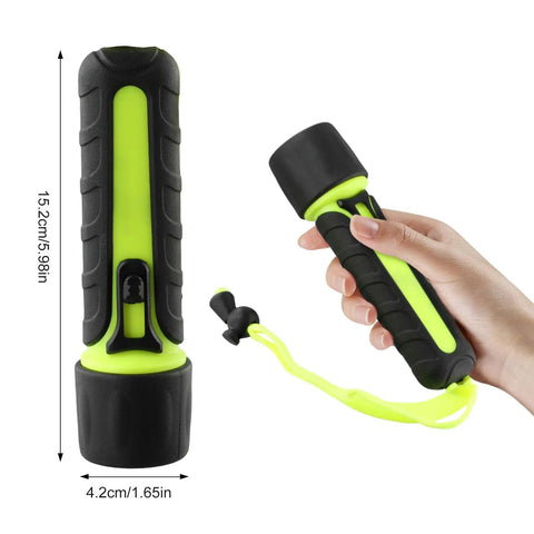 Yellow and black Diving Flashlight Waterproof 8000LM LED Scuba Underwater Torch Light Lamp 50M Range, being held for size reference