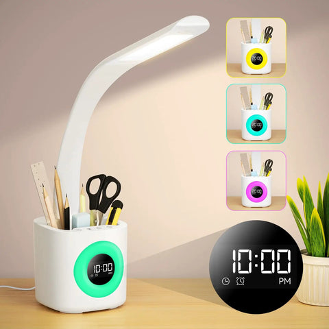 Upgraded 10W USB Desk Lamp With Clock Pen Holder Timer And Ambient Color Night Light For Kids And Home Office