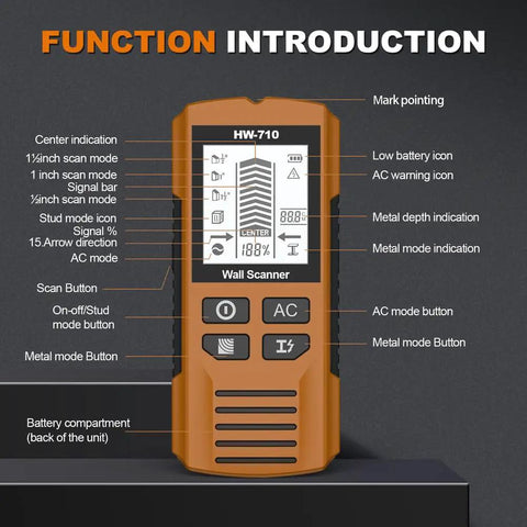 Minhe HW-710 5-in-1 Wall Detector LCD display showing scanning functions and modes, ideal for drywall and wood detection.