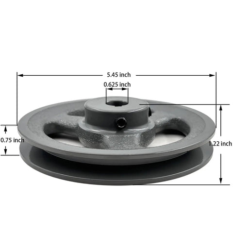 Heavy Duty Cast Iron One Groove V Belt Pulley With Five Eighths Inch Bore And Five Point Four Five Inch Outer Diameter Built To Last For A AX 3L And 4L V Belts Precision Machined And Rust Resistant Finish side view showing dimensions