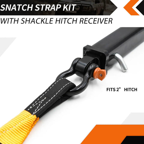 Nylon Recovery Kit With Hitch Receiver And Shackles For Off Road Recovery, 3 Inch By 20 Foot Snatch Strap 35000 Lb Break Strength