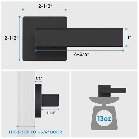 Heavy Duty Reversible Square Dummy Door Lever For Indoor Use Ideal For Bedroom And Closet Rear Mount Matte Black Finish 2 Pack Premium Zinc Alloy Construction with dimensions and weight