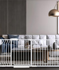 Extra Wide Baby Gate With Auto Close Pressure Mounted Walk Through Pet Gate For Doorways And Stairs White Metal Large 66.9 To 71.6 Inches shown in living room entrance.