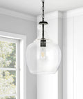 11 Inch Mid Century Modern Pendant Light With Clear Glass Dome Shade And 6 Foot Adjustable Cord For Kitchen Islands, Dining Rooms Or Game Rooms In Blackened Bronze Super Sleek hanging in corner of room.