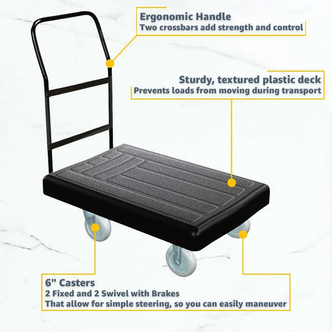 36 By 24 Inch Platform Truck Heavy Duty Plastic Utility Cart ergonomic handle and sturdy textured deck with swivel casters.