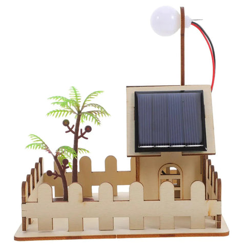 Hands On Solar Garden Light Science Kit For Kids Learn Solar Power And Basic Electronics With Easy Setup And A Fun DIY Physics Experiment Toy For Outdoor Learning And Creative Patio Decoration, showcasing wooden house model with solar panel and light bulb.