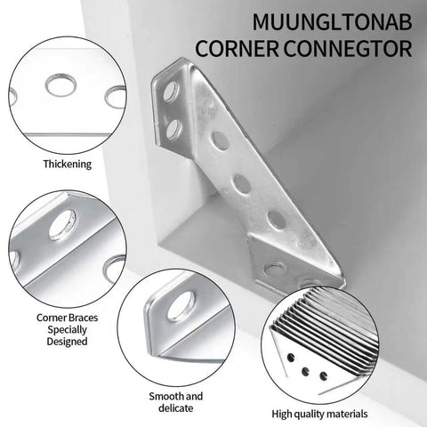 30 Pcs Corner Brackets for Wood and Metal Right Angle Braces with Screws, showing stainless steel connectors and design features.