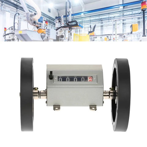Heavy Duty Metal Rope And Cable Length Counter Featuring Hella Sturdy Rolling Wheel and Dead On Five Digit Readout in grey.