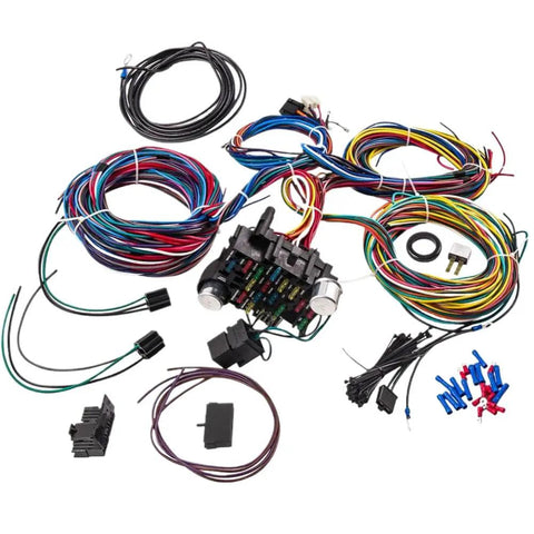 Universal 12V Wiring Harness And Fuse Kit With 21 Pre Terminated Circuits And 17 ATO Fuses Plug Connector For Halogen HID And LED Headlights