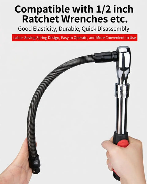 One Half Inch Flexible Socket Drill Bit Shaft Extension And Wrench Extender for Impact Drills and Torque Adapters in use.