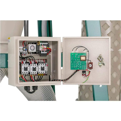 Heavy Duty 10 Horsepower 3 Phase Cyclone Dust Collector control panel showing wiring and circuit board for efficient operation.