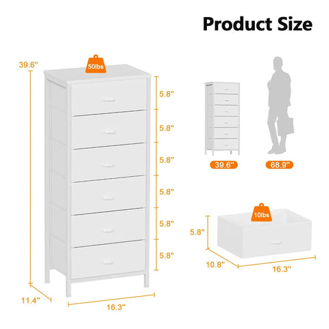 White Tall Dresser With Vertical Storage Tower And End Table Featuring Six Fabric Drawers And Drawer Organizer For Bedroom Living Room Closet Entryway Built Tough With Reinforced Metal Frame dimensions illustration